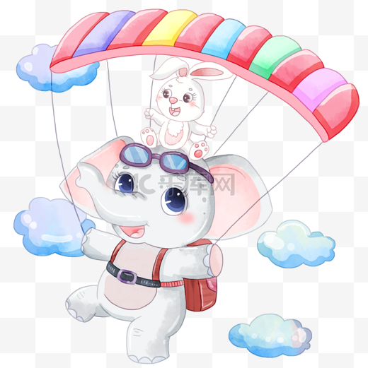 小象宝宝跳伞卡通水彩画图片