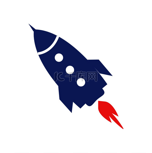扁平的蓝色火箭图标描绘了卡通航天器，带有三个圆形窗户和红色火焰，来自白色背景上的引擎隔离插图。图片