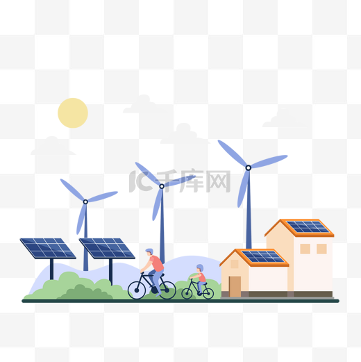 自行车房屋太阳能电池环保绿色能源概念插画图片