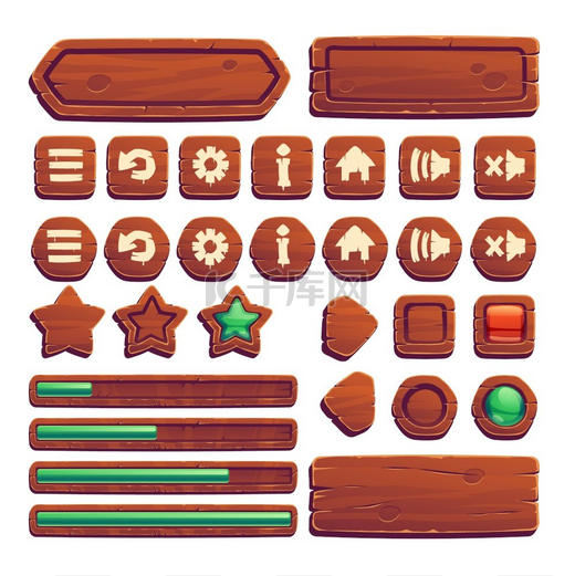 用于 ui 游戏的木制按钮，在白色背景上隔离的 gui 元素。图片
