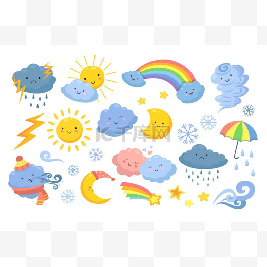 天气真好孤立的彩虹，卡通片雨和飓风。有趣而愤怒的云，快乐的太阳和龙卷风。情感自然矢量图标图片