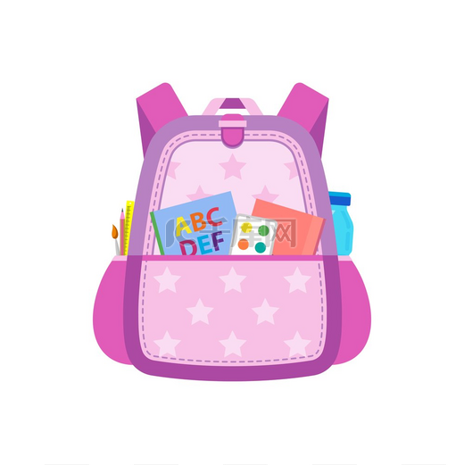 教育和学习包带书的少女背包油漆教科书学校文具用品书包里有铅笔尺子和刷子还有行李背包装瓶子的背包学习用品带文具的学校背包图片