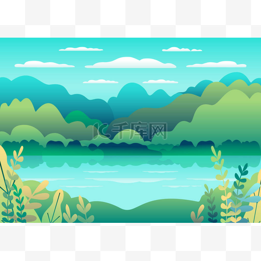 山水景观采用平面风格设计.有湖泊背景的山谷。美丽的绿地、草地、群山和蓝天。山区的农村位置、森林、树木、漫漫病媒图片