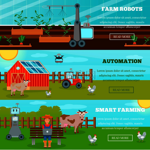 智能农业水平横幅与农业机器人无人机和农业平面矢量图中的物联网。图片