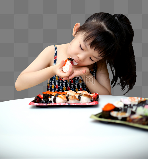 大口吃寿司的小女童图片