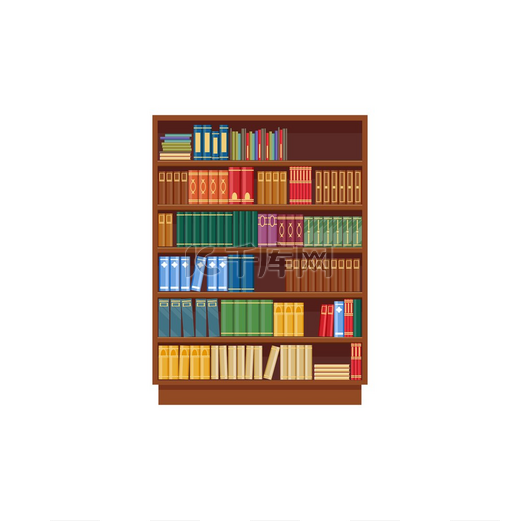 书柜矢量图标，带书的卡通图书馆书架，带彩色教科书的木制储物柜，在白色背景下隔离的文学书店。图片