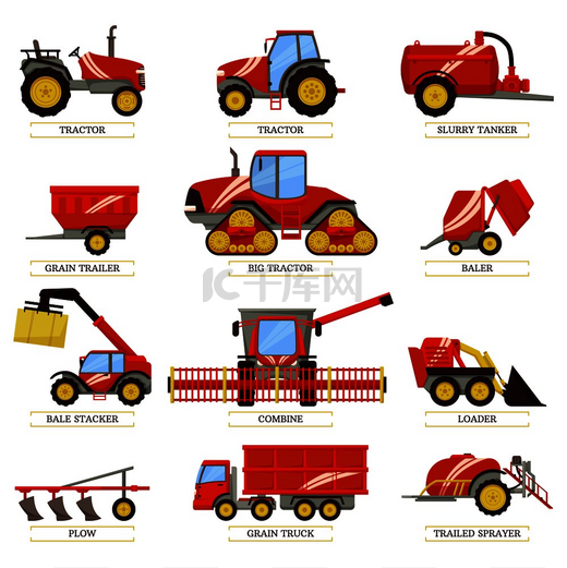 新型拖拉机、泥浆罐车、谷物拖车或卡车、小型打包机、捆包堆垛机、大型联合收割机、紧凑型装载机、牵引式喷雾机和犁载体农业机械。图片