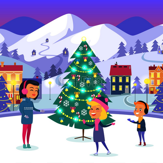 人们在冰壶上靠近装饰圣诞小镇景观中的常青树平面设计的矢量卡通插图用于庆祝新年和在户外度过圣诞节寒假装饰圣诞小镇溜冰场上的人们图片
