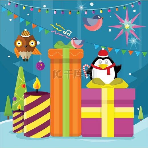 寒假矢量概念平面设计圣诞树里面有玩具礼盒点燃的蜡烛花环戴着圣诞老人帽的企鹅会飞的猫头鹰和斗牛犬庆祝圣诞节和新年平面设计中的寒假矢量概念寒假图片