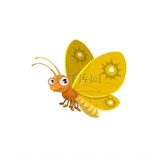 卡通蝴蝶矢量图标，美丽的飞虫，有黄色的翅膀，可爱的脸和大眼睛。图片