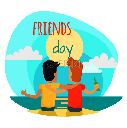 朋友日插图两个最好的朋友深色头发和红发坐在海滩上喝啤酒看海在天空的背景下拥抱对方朋友日宣传海报的矢量插图朋友日插图两个朋友坐在海滩上图片