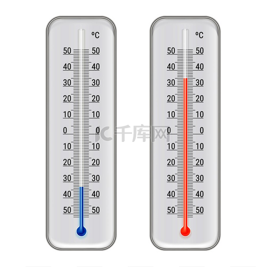 经典的室外和室内摄氏度酒精乙醇红色和蓝色温度计用于气象测量逼真的矢量图气象酒精温度计真实设置图片