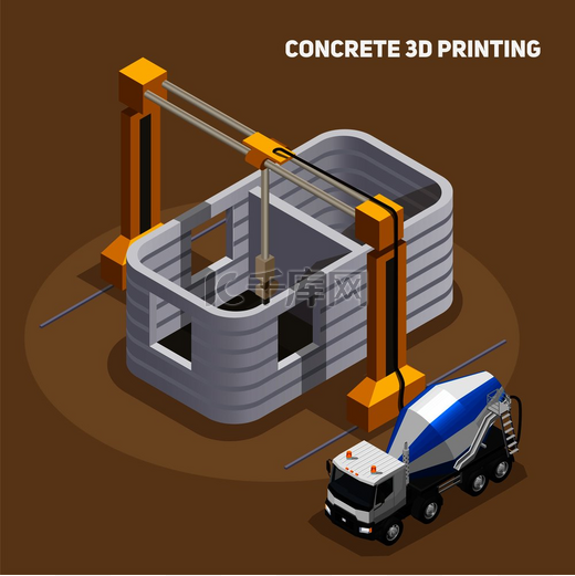 混凝土生产等距组合与水泥搅拌车矢量图在建 3d 打印建筑的视图图片