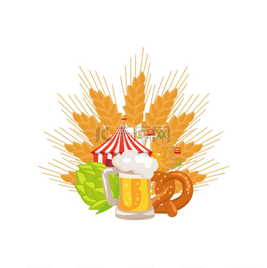 白色食品套装和啤酒矢量插图德国面包店烘焙小吃啤酒及其象征即麦穗啤酒花和吸引人的白色背景矢量插图图片