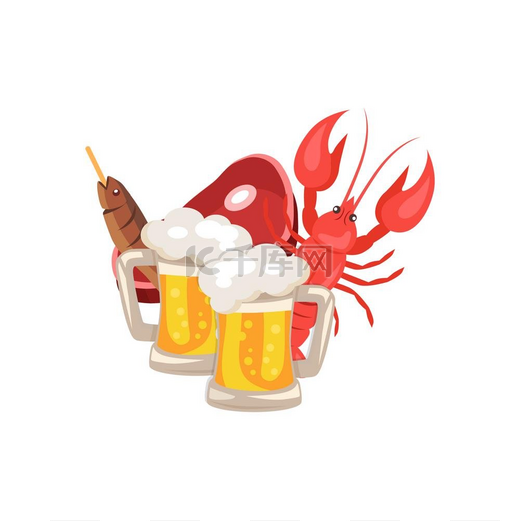 白色啤酒和零食矢量插图矢量图展示了一套白色背景的啤酒和小吃包括两品脱啤酒煮熟的小龙虾鱼和一块火腿图片
