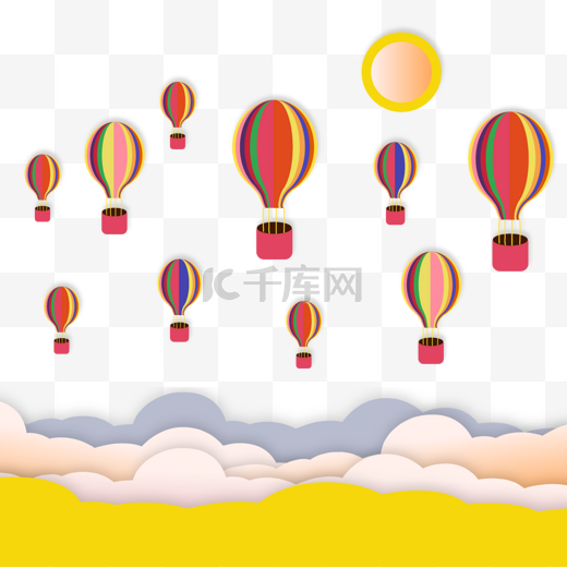 彩色天空漂浮的氢气球云朵剪纸图片