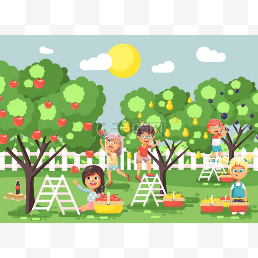 矢量图卡通人物儿童男孩和女孩收获成熟的水果秋天果园花园从李子、 梨、 苹果树，作物放满的篮子景观场景室外平面样式图片