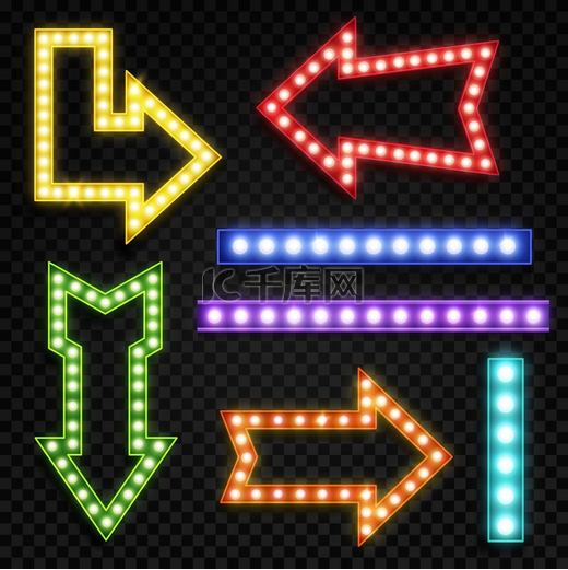 带灯泡的箭头复古路标蓝色红色和黄色灯泡用于剧院广告牌马戏团和赌场霓虹灯框架矢量设计带灯泡的箭头剧院广告牌用蓝色红色和黄色灯泡的复古路标图片
