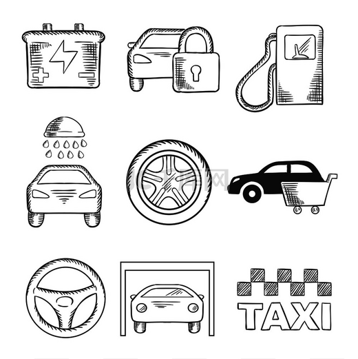 燃油泵、安全、电池、洗车、轮胎、购买、方向盘、车库和出租车的速写汽车服务图标。图片