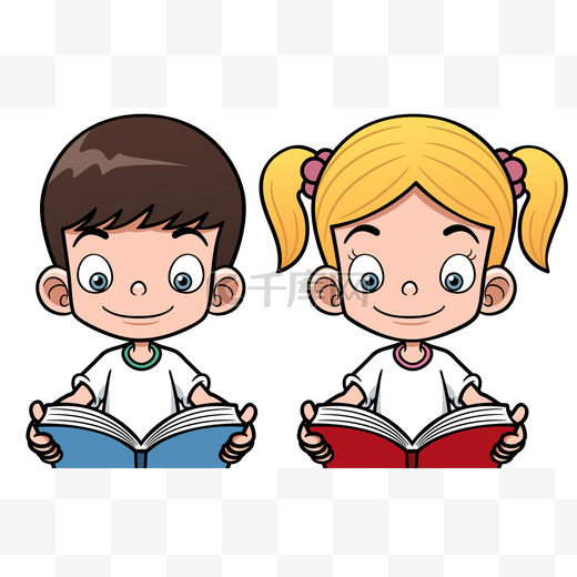 卡通男孩和女孩读一本书图片