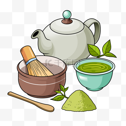 抹茶茶具写实插画绿色图片