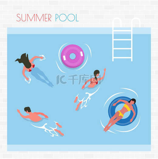 夏季泳池人在度假矢量夏季放松水上的女人和男人女人躺在充气救生圈救生圈上梯子在池边夏季游泳池人们游泳和躺在救生圈上图片