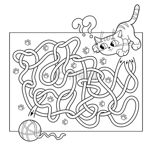 教育迷宫或学龄前儿童迷宫游戏的卡通矢量插图。难题。唐带路。着色页轮廓猫与纱球。儿童着色书. 图片