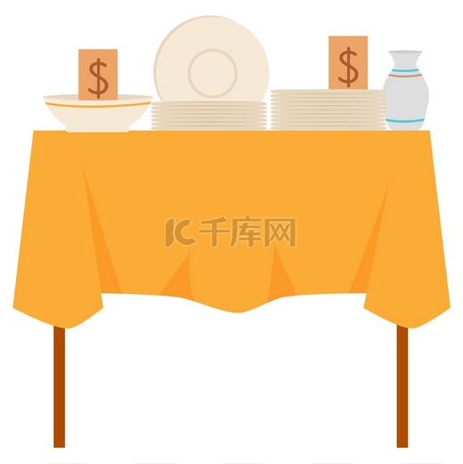 桌子上有桌布和餐具、陶瓷盘、碗和带美元贴纸的水壶。图片