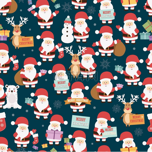 圣诞无缝图案，有圣诞老人、驯鹿、熊和礼物，矢量图图片
