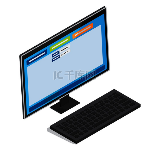 显示器附近的计算机键盘，屏幕等距投影矢量上的登录名和密码字段在白色上隔离。图片