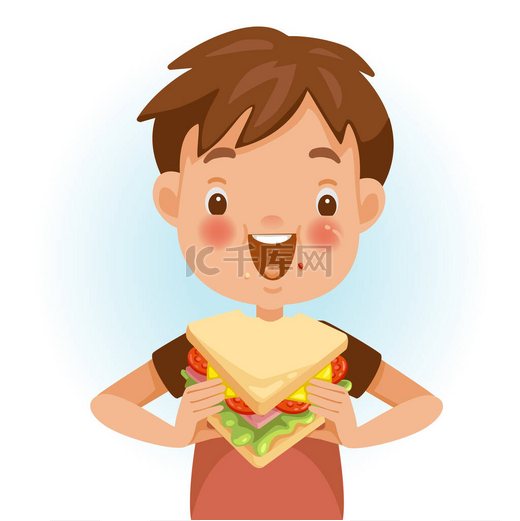 男孩吃三明治。孩子脸上的情绪很好。美味和非常快乐。好吃的三明治咬。穿着红衫的卡通片真好看.在白色背景上孤立的向量图.图片