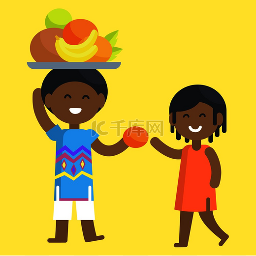 非洲男孩拿着装有热带水果的托盘，给穿着橙色裙子的女孩送橙子，黄色背景上有孤立的矢量图。非洲男孩拿着托盘，给女孩送橙子图片