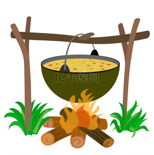 锅的汤在篝火旁图片