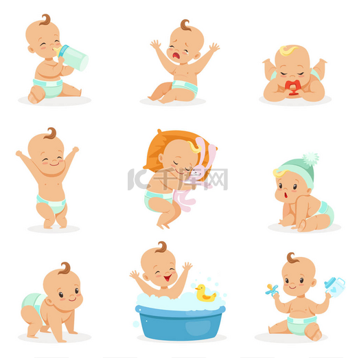 可爱的快乐宝宝和他日常的常规系列的可爱的卡通婴儿期和婴儿的插图图片