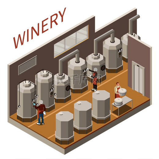 白色背景 3d 矢量图上葡萄酒生产过程的等距组合图片