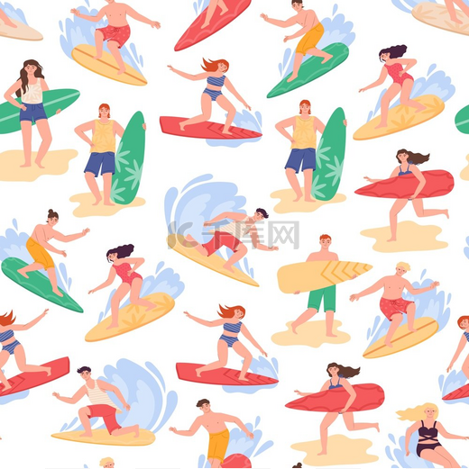 冲浪模式夏威夷的女孩和男孩穿着热带海滩服装和比基尼游泳夏天的人们穿着复古的冲浪板女人和男人在迈阿密或加利福尼亚潜水平面矢量无缝背景设计冲浪模式夏威夷女孩和男孩在热带游泳图片