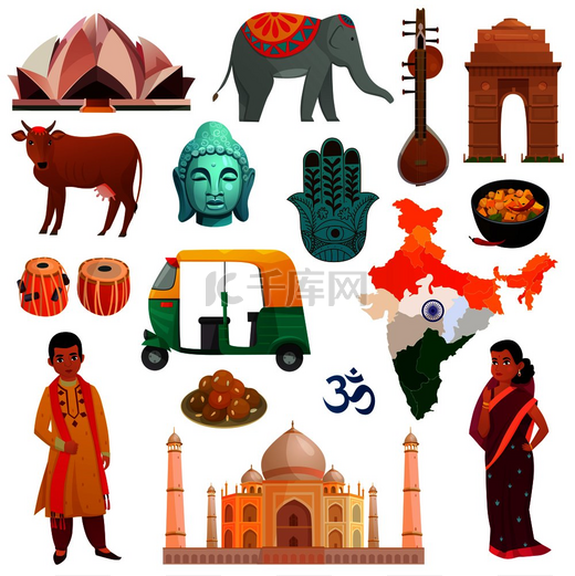 印度旅行的各种符号景点和民族服装在白色背景卡通矢量插图上被隔离。图片