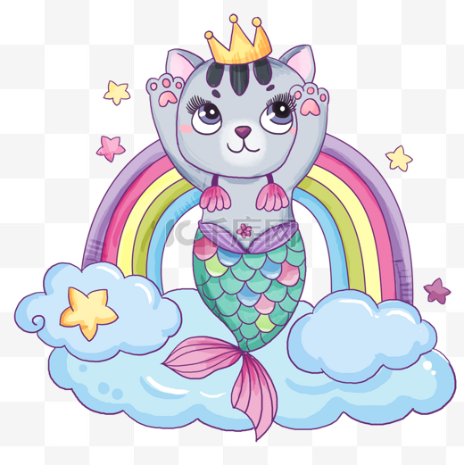 猫美人鱼彩虹云彩跳舞水彩画图片