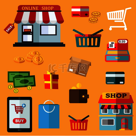 网上商店、销售标签、带购买按钮的平板电脑、钱、银行卡、购物车、篮子和包、商店、钱包、收银机、礼品和送货箱的购物和零售平面图标。图片
