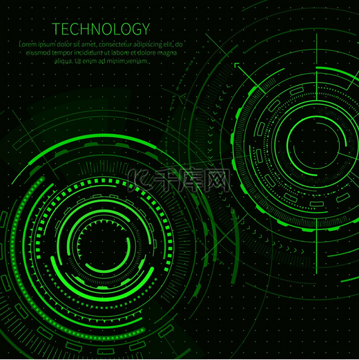 带有给定文本示例和标题的技术海报、具有未来感的屏幕和雷达、在绿色背景上隔离的矢量插图。图片