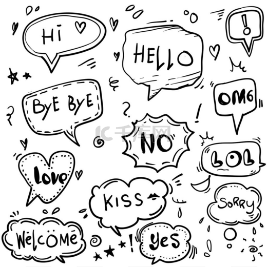 手绘一组带有对话框的语音泡沫：Hello, Love, Bye, Hi, welcome doodle style卡通图片
