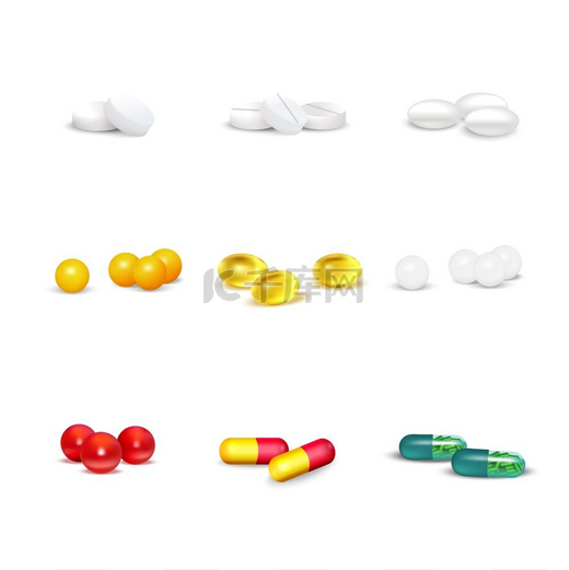 3药丸套装白色背景上各种形状和颜色的药丸和胶囊的3集合独立矢量插图图片