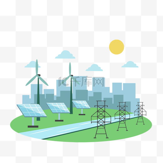 城市风车太阳能发电塔环保绿色能源概念插画图片