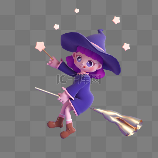 万圣节紫色3D立体小魔女女巫卡通人物形象图片