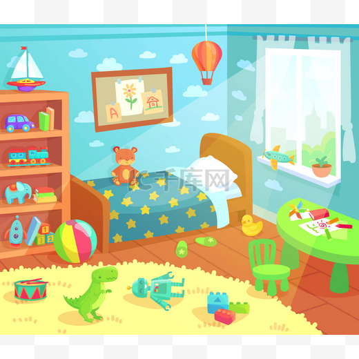 卡通儿童卧室内饰家庭儿童房与儿童床,孩子玩具和矢量插图图片