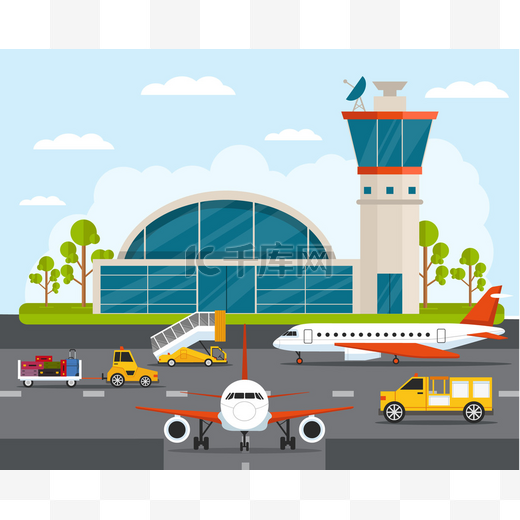 机场与图表元素的模板。矢量平面插画图片