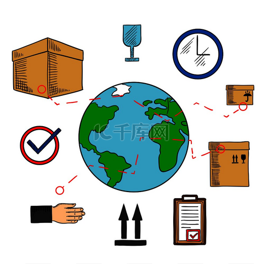 全球航运和物流服务图标，带有地球仪和送货路线，带有保持干燥、向上和易碎符号的纸板包装，带有批准形式的挂钟和剪贴板。图片