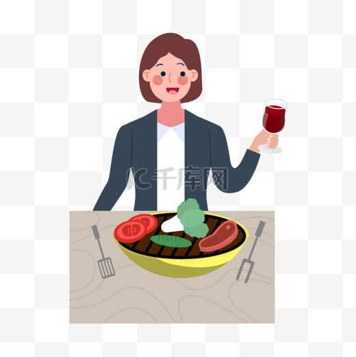 晚餐女生烤肉红酒图片绘画图片