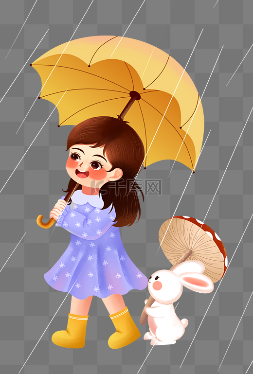 早春雨水节气女生撑伞小兔图片