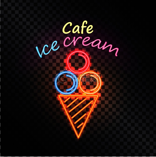 咖啡馆冰淇淋，带有霓虹灯元素的彩色矢量插图，三个圆圈和一个条纹三角形，文本样本，在透明背景下隔离。图片